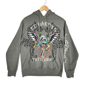ED HARDY MEN'S DRAGON & TIGER GRAPHIC HOODIE – SIZE MEDIUM – OLIVE GREEN
